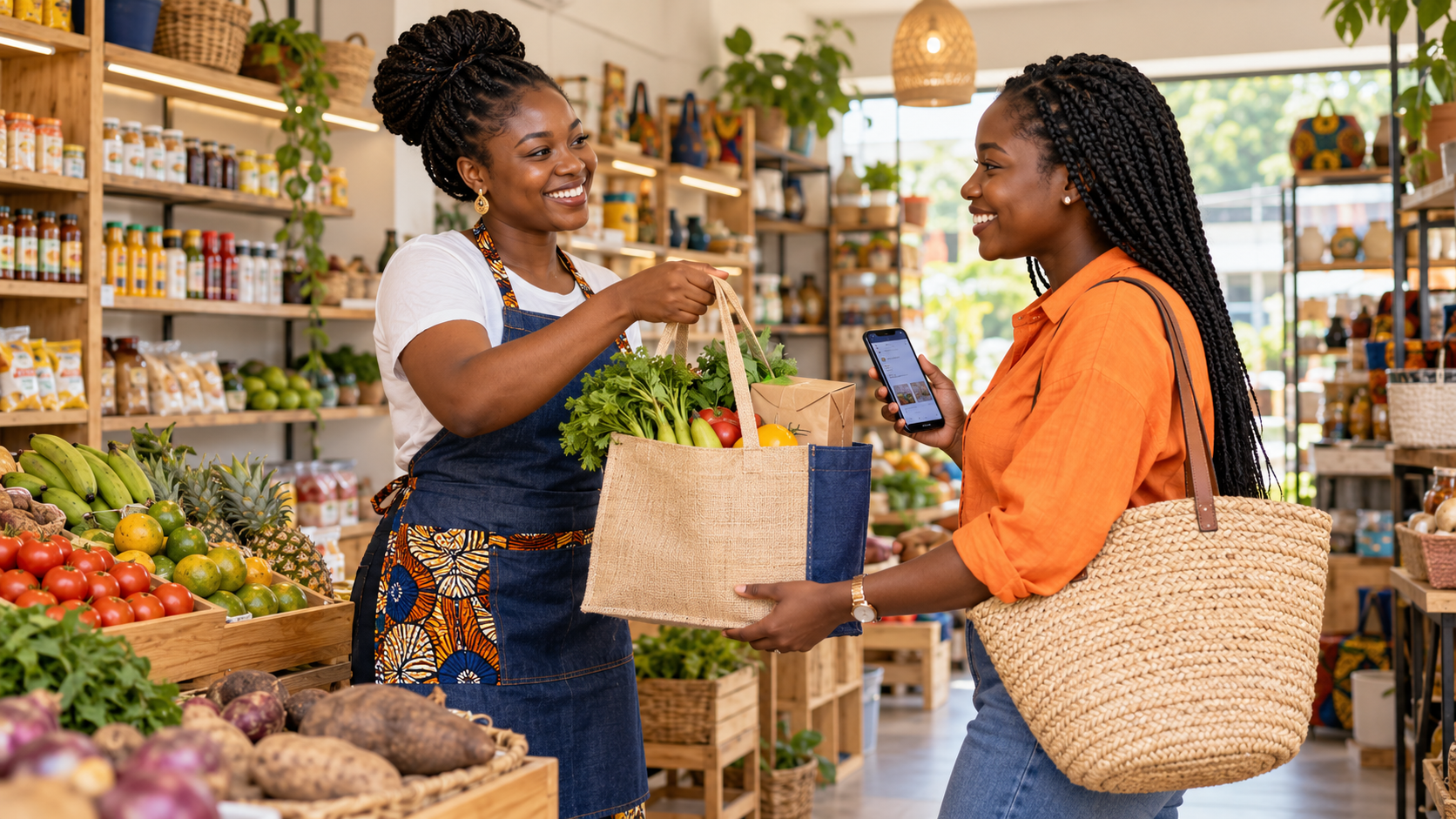 A Storequode seller handing a fresh order to a customer