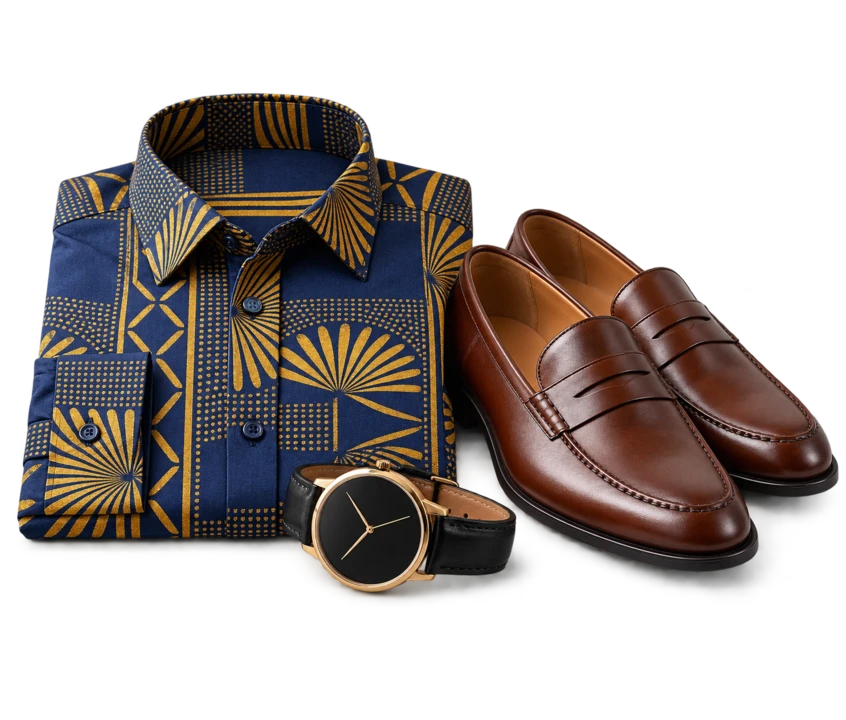 Men’s fashion picks with an African-print shirt, loafers and a watch