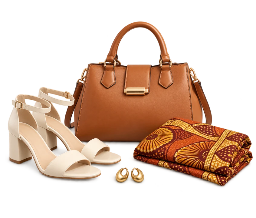 Women’s fashion picks with a handbag, sandals and African-print accessories